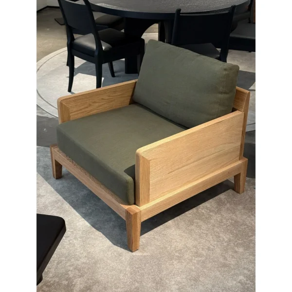Solid Oak Frame Lounge Chair in Olive Fabric — in a room setting