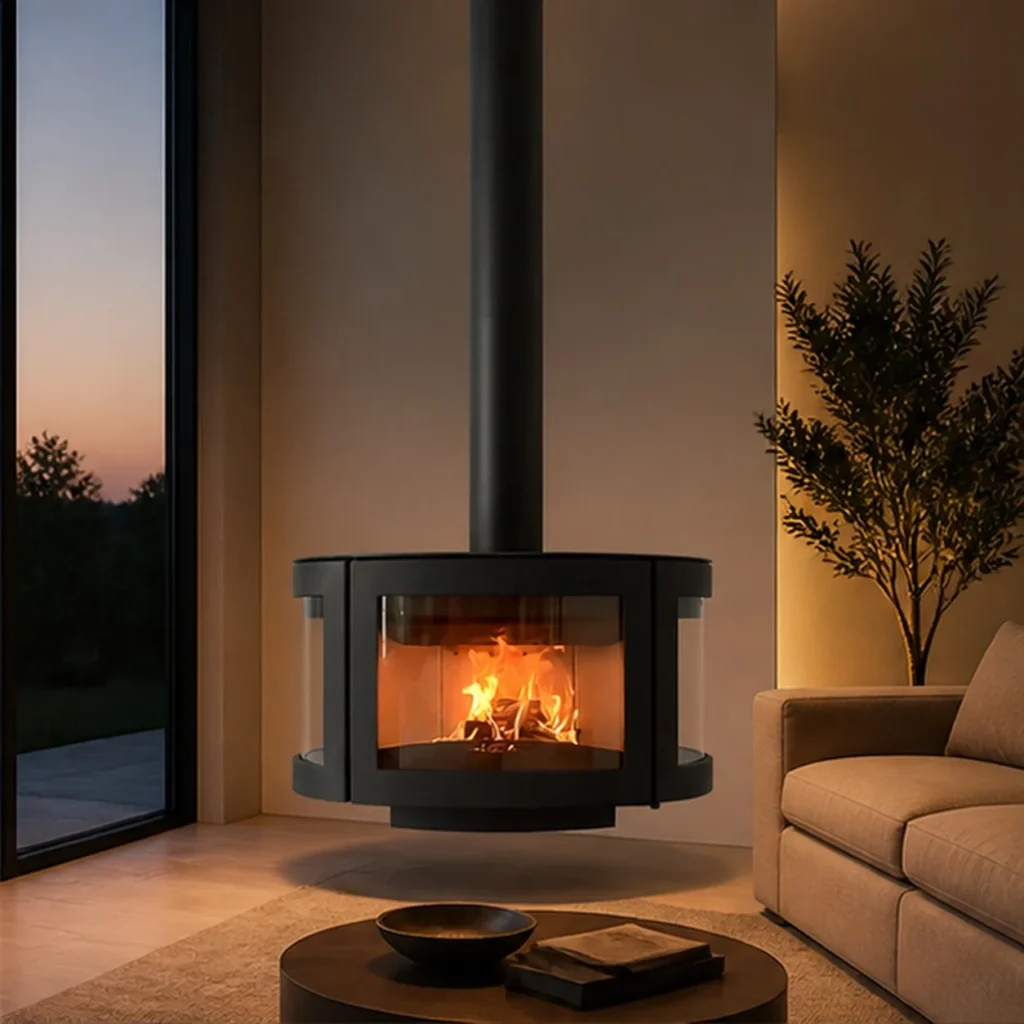 Kaius Suspended Panoramic Fireplace with Curved Glass, 90 cm in black — front view