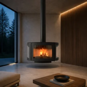 Kaius Suspended Panoramic Fireplace with Curved Glass, 90 cm in black — in a room setting