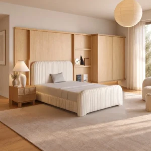 Ribbed Cotton-Linen Kids Bed with Rounded Corners in oatmeal — front view