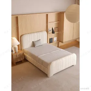 Ribbed Cotton-Linen Kids Bed with Rounded Corners in oatmeal — in a room setting
