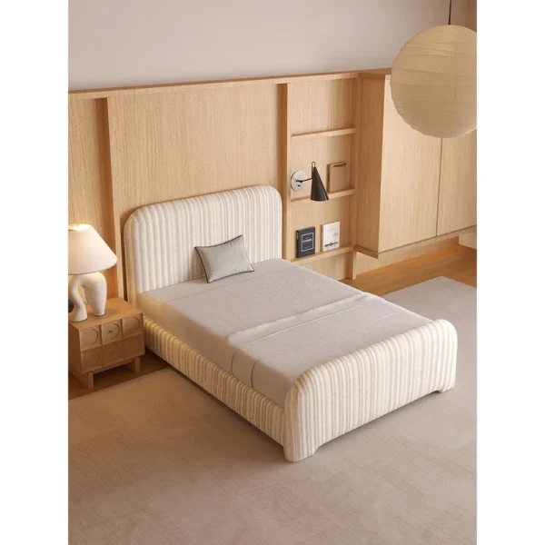 Ribbed Cotton-Linen Kids Bed with Rounded Corners in oatmeal — in a room setting