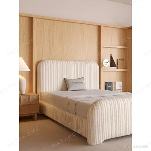 Ribbed Cotton-Linen Kids Bed with Rounded Corners in oatmeal — in a room setting