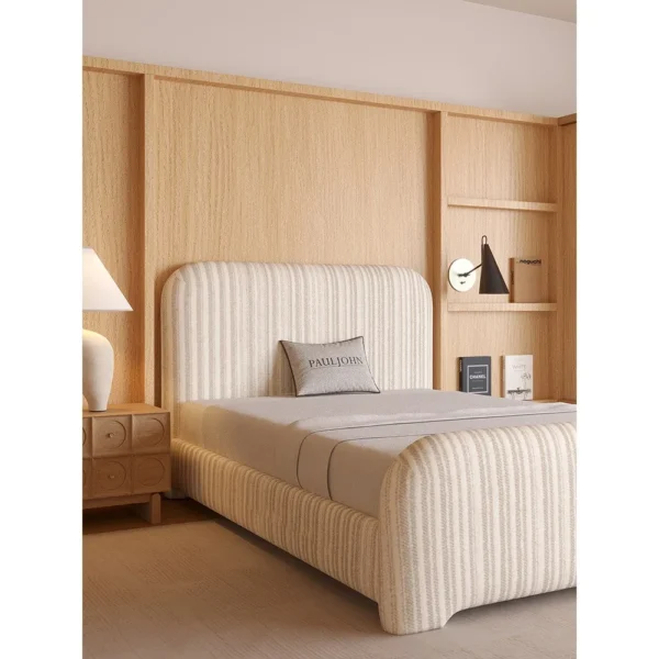Ribbed Cotton-Linen Kids Bed with Rounded Corners in oatmeal — in a room setting