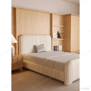 Ribbed Cotton-Linen Kids Bed with Rounded Corners in oatmeal — in a room setting