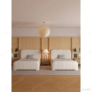 Ribbed Cotton-Linen Kids Bed with Rounded Corners in oatmeal — in a room setting