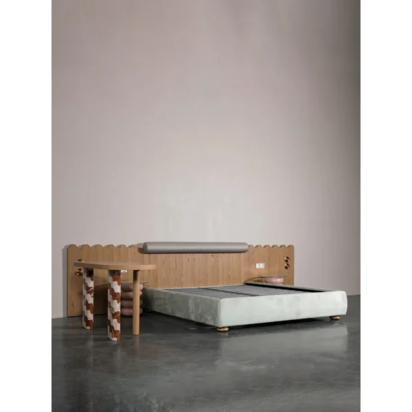 Wave Oak Headboard Bedroom Set with Grey Upholstered Bed in natural oak — in a room setting