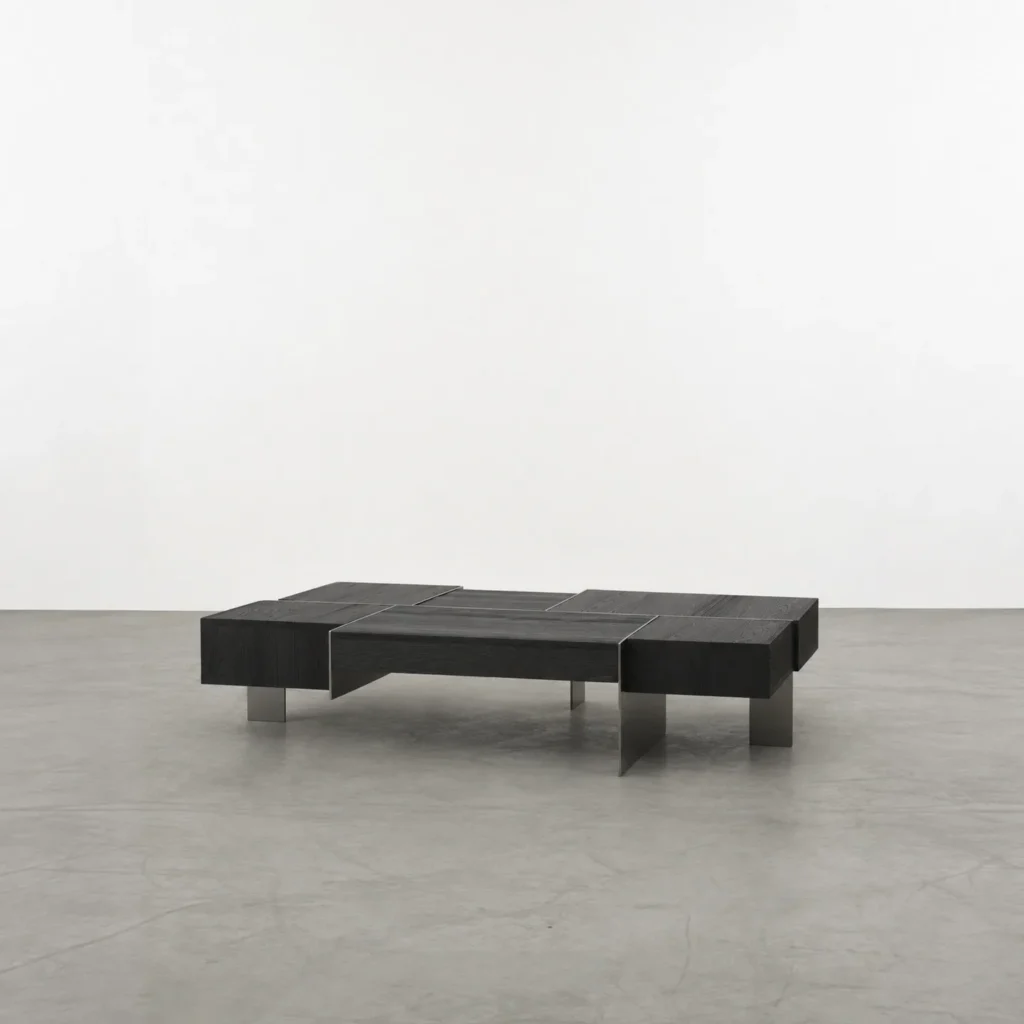 Kitale Black Oak Block Coffee Table with Black Metal Base in black — front view