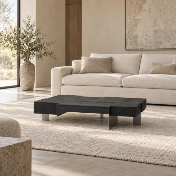 Kitale Black Oak Block Coffee Table with Black Metal Base in black — in a room setting