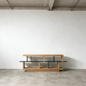 Kitale Low Oak Console with Brass-Framed Shelves in natural oak — front view