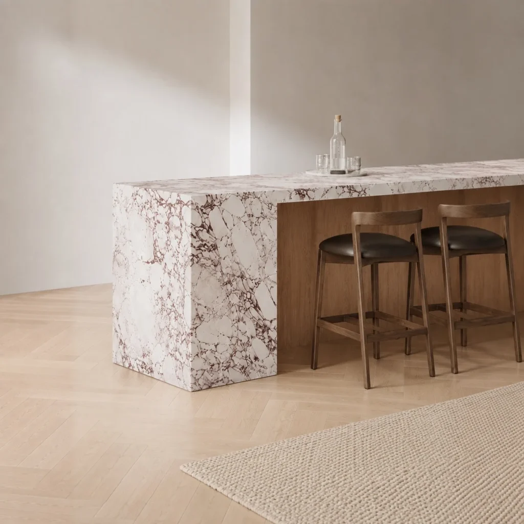 Marble Waterfall Kitchen Island in ivory — front view