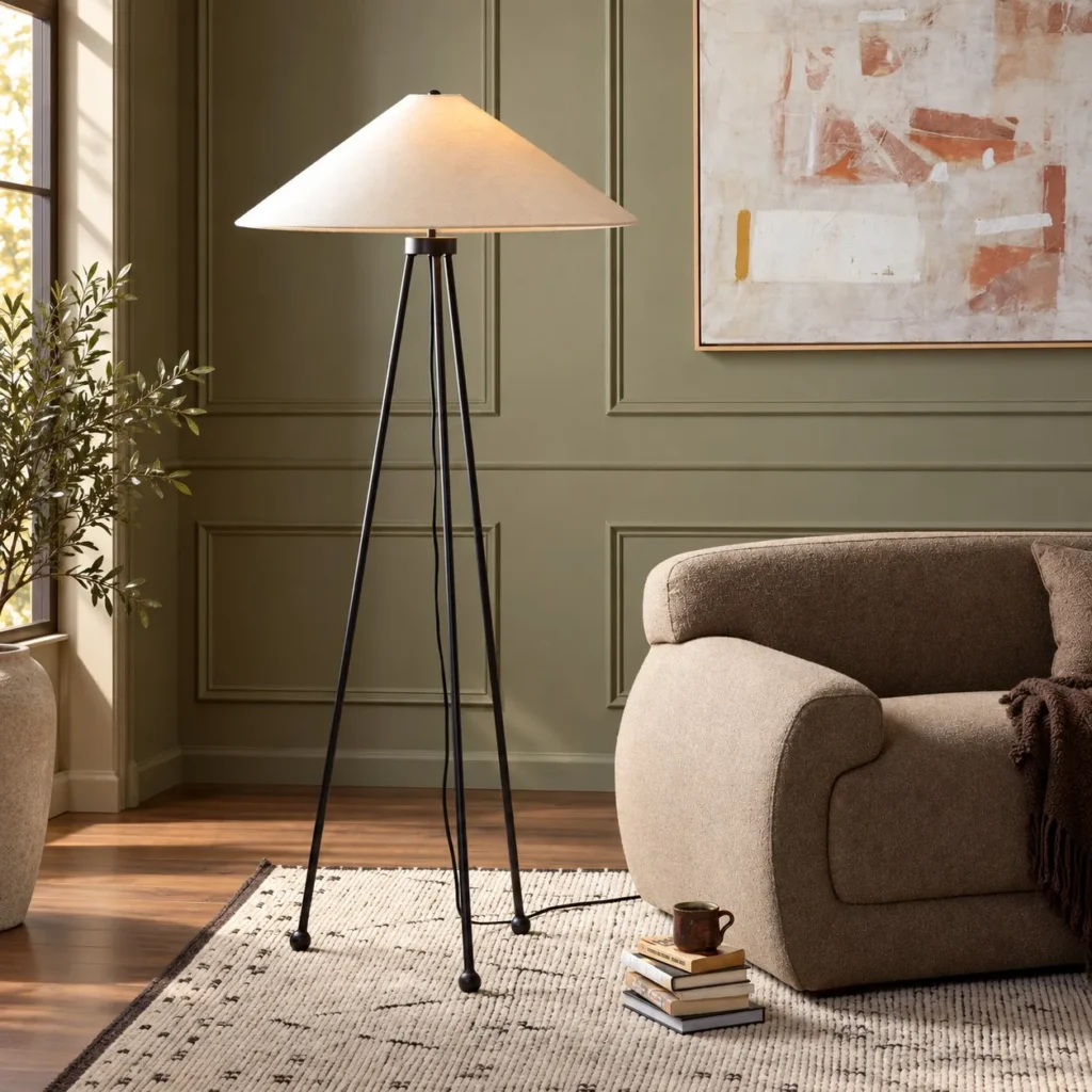Kolbeck Black Iron Tripod Floor Lamp with Pale Cone Shade in black — front view