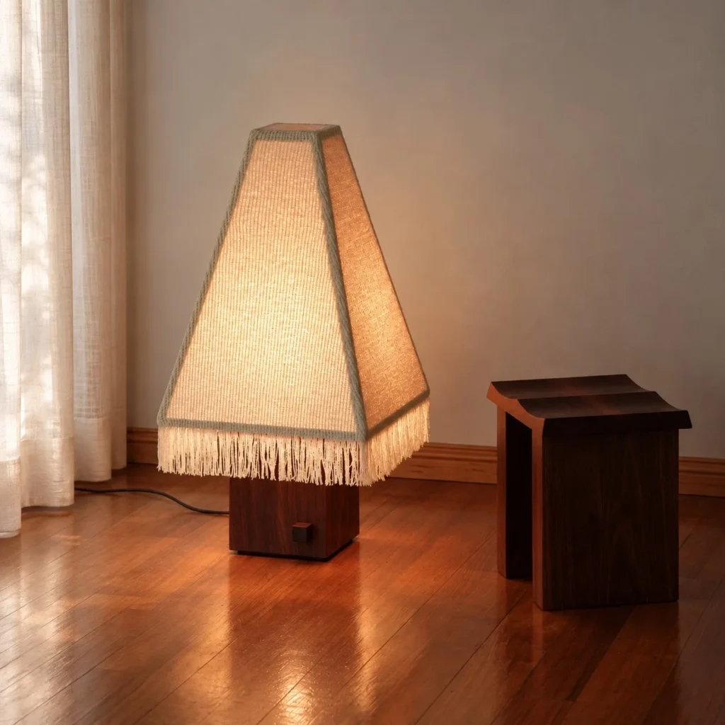 Kukeri Wood Base Floor Lamp with Fringed Pyramid Shade in oatmeal — front view