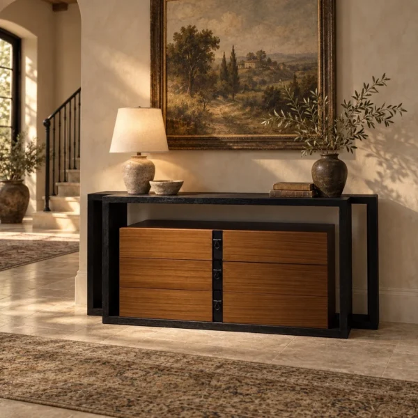 Quiet Luxury Entry Cabinet in black — in a room setting