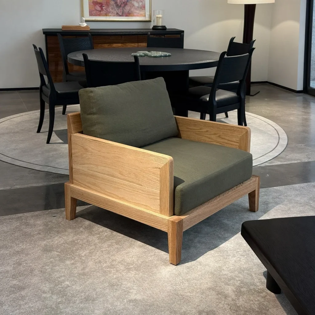 Oak Frame Lounge Chair with Olive Green Cushions in natural oak — front view