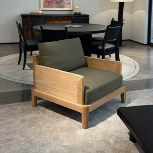 Oak Frame Lounge Chair with Olive Green Cushions in natural oak — front view