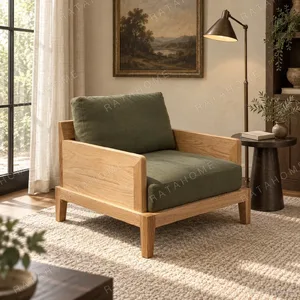 Oak Frame Lounge Chair with Olive Green Cushions in natural oak — in a room setting