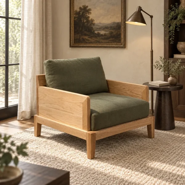 Oak Frame Lounge Chair with Olive Green Cushions in natural oak — in a room setting