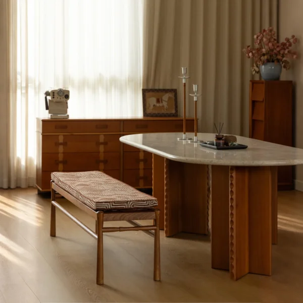 Labyrinth Ash Bench with Removable Maze Chenille Cushion in walnut — in a room setting