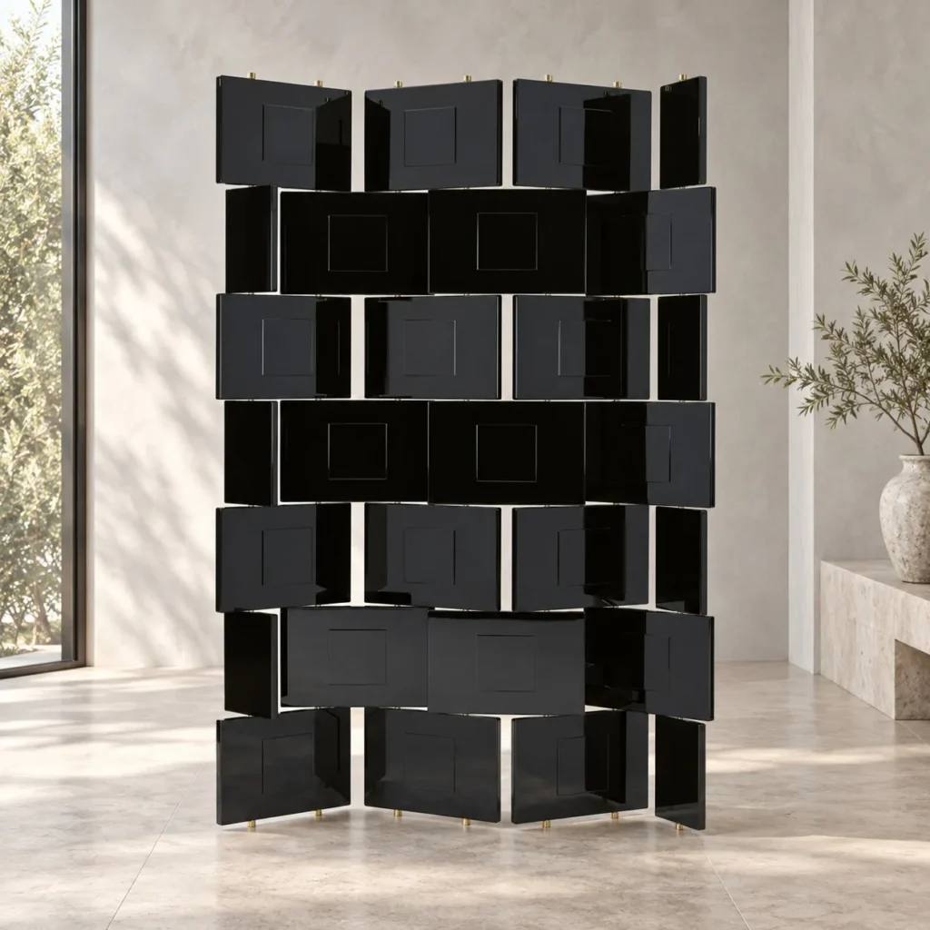 Black Lacquer Brick-Panel Folding Screen in black — front view