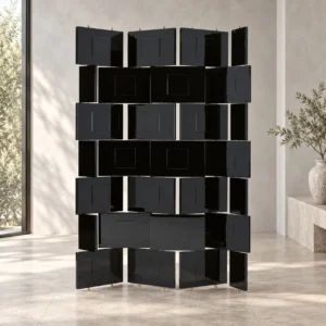 Black Lacquer Brick-Panel Folding Screen in black — front view