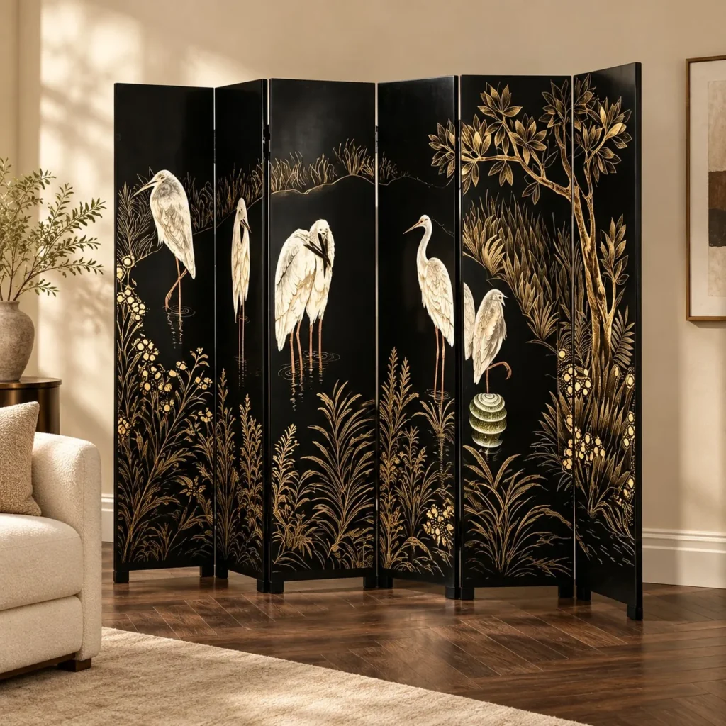 Black and Gold Lacquer Six-Panel Screen with Egrets in black — front view