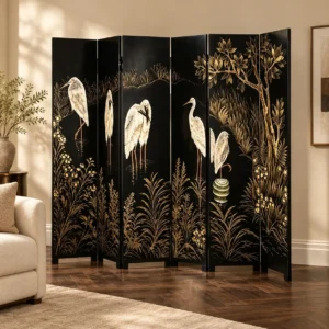 Black and Gold Lacquer Six-Panel Screen with Egrets in black — front view