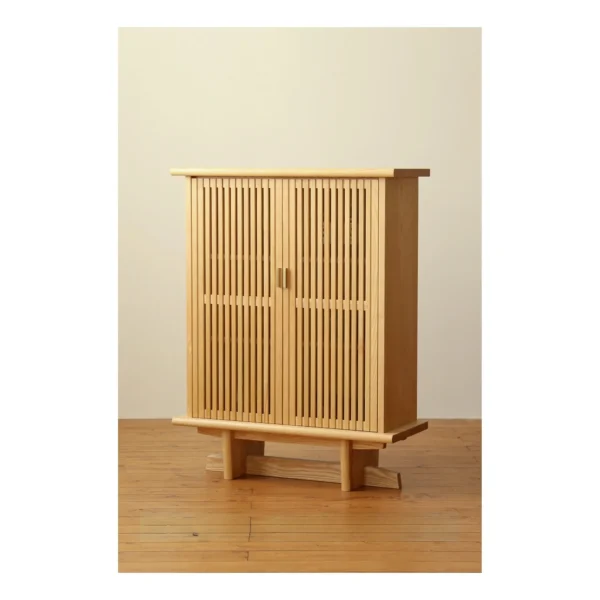Lan Solid Wood Slatted Bar Cabinet for Whisky and Cigars in natural oak — in a room setting