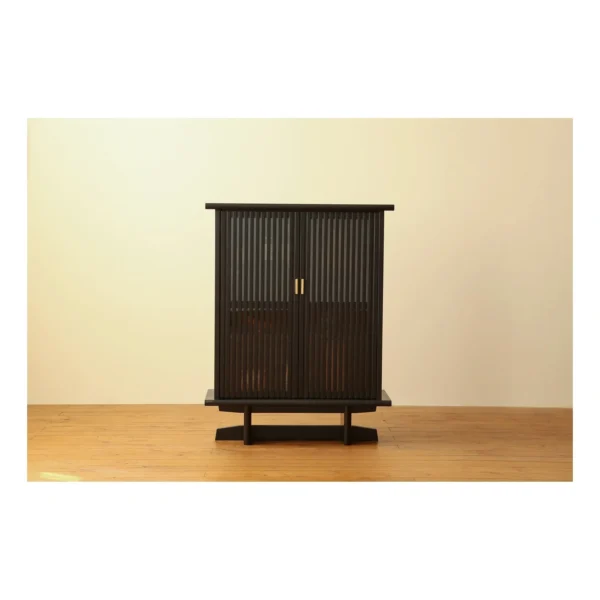 Lan Solid Wood Slatted Bar Cabinet for Whisky and Cigars in natural oak — in a room setting