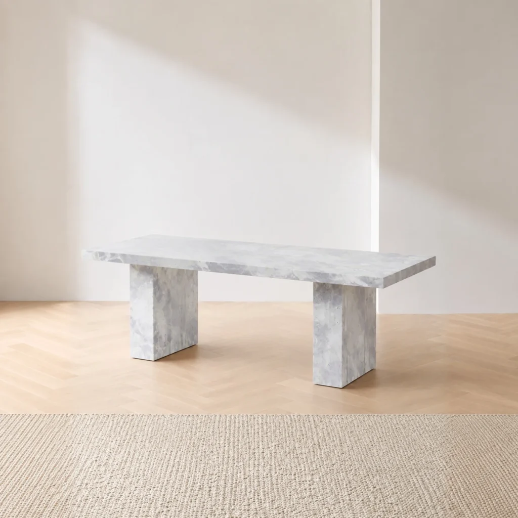 Landscape Grey-White Stone Dining Table on Twin Slab Legs in slate — front view