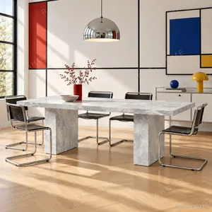 Landscape Grey-White Stone Dining Table on Twin Slab Legs in slate — in a room setting