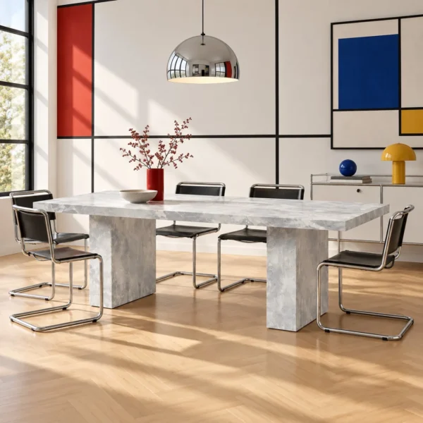 Landscape Grey-White Stone Dining Table on Twin Slab Legs in slate — in a room setting