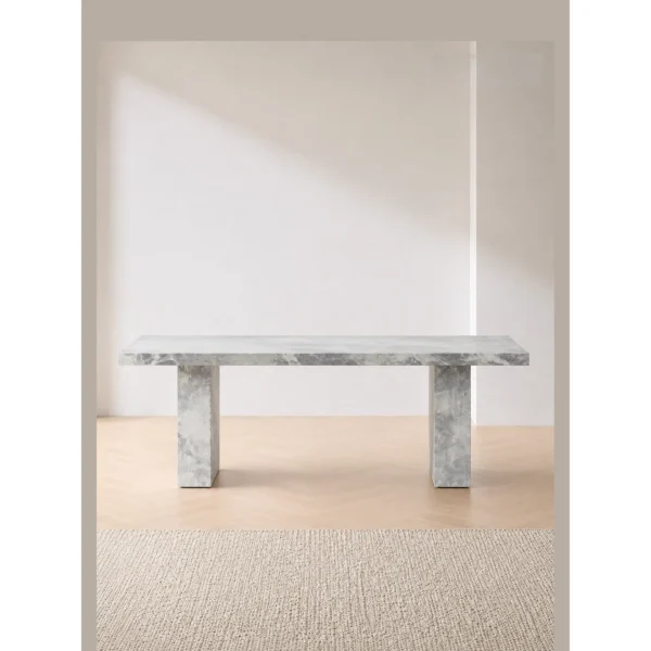 Landscape Grey-White Stone Dining Table on Twin Slab Legs in slate — in a room setting