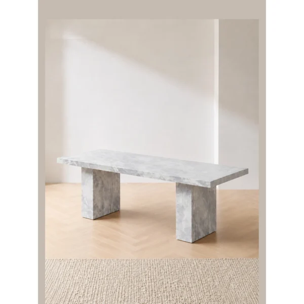 Landscape Grey-White Stone Dining Table on Twin Slab Legs in slate — in a room setting