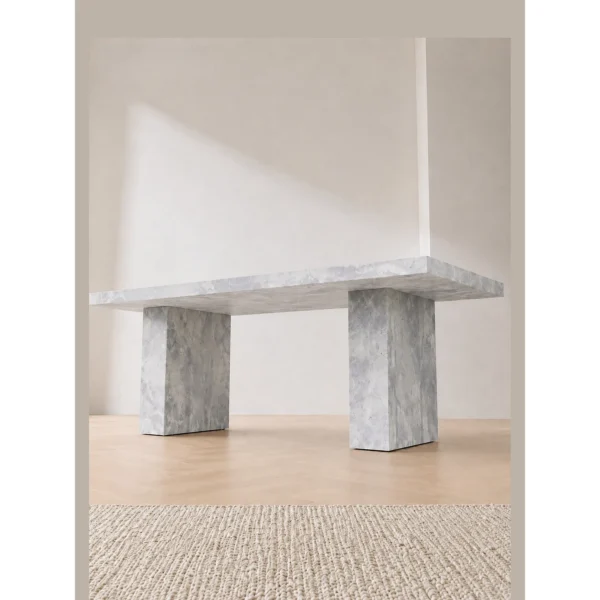 Landscape Grey-White Stone Dining Table on Twin Slab Legs in slate — in a room setting