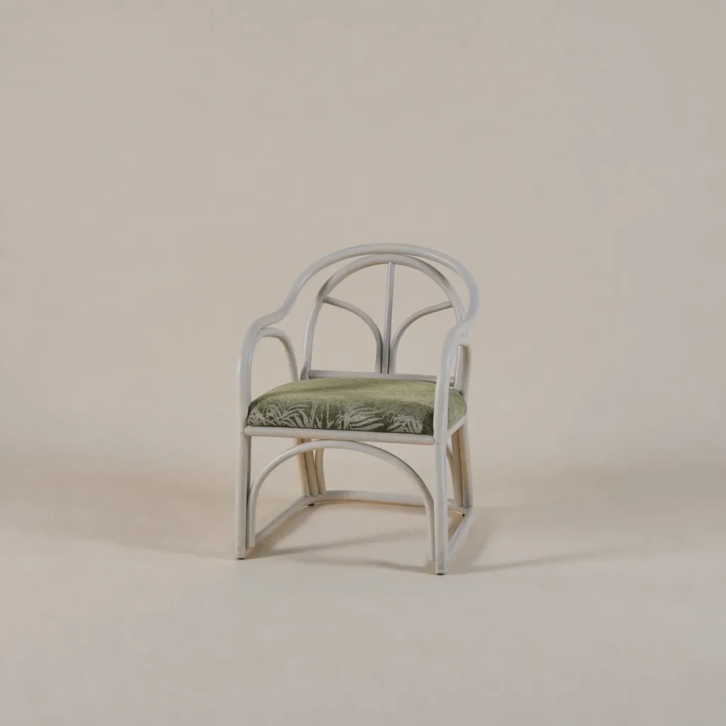 Lanxu Ivory Rattan Armchair with Green Leaf Jacquard Cushion in oatmeal — front view