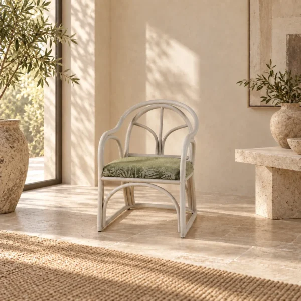 Lanxu Ivory Rattan Armchair with Green Leaf Jacquard Cushion in oatmeal — in a room setting