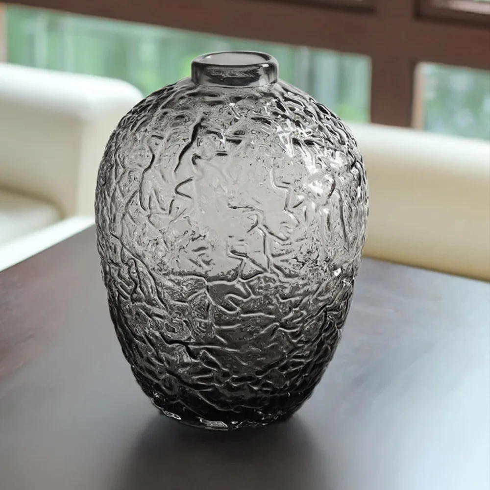 Crackle Texture Smoked Glass Vase, Tabletop or Floor, Three in slate — front view