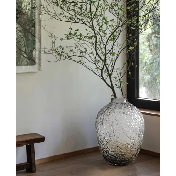 Crackle Texture Smoked Glass Vase, Tabletop or Floor, Three in slate — in a room setting