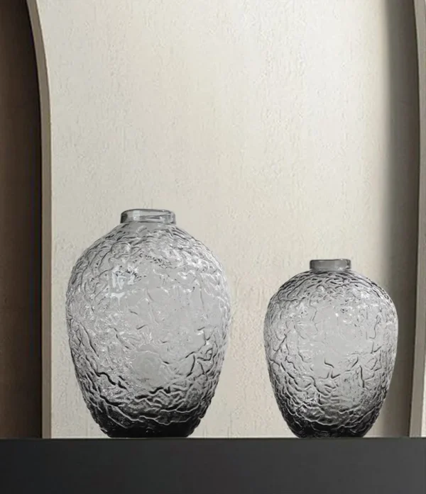 Crackle Texture Smoked Glass Vase, Tabletop or Floor, Three in slate — in a room setting