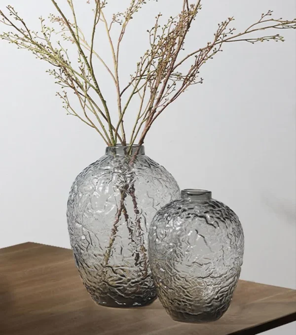 Crackle Texture Smoked Glass Vase, Tabletop or Floor, Three in slate — in a room setting