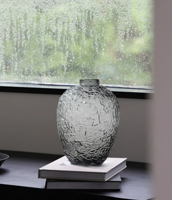 Crackle Texture Smoked Glass Vase, Tabletop or Floor, Three in slate — in a room setting