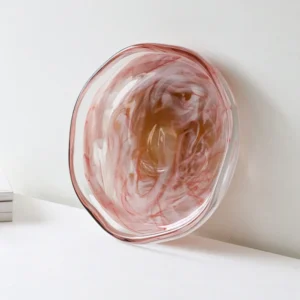 Hand-Blown Pink Marbled Glass Bowl with Wavy Rim in rose stone — front view