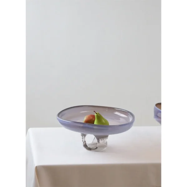 Hand-Blown Lilac Free-Form Wide Glass Bowl Vase in plum — in a room setting