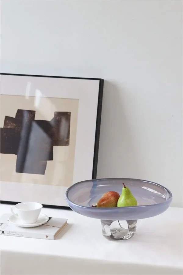 Hand-Blown Lilac Free-Form Wide Glass Bowl Vase in plum — in a room setting