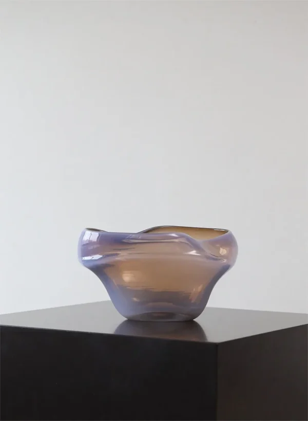 Hand-Blown Lilac Free-Form Wide Glass Bowl Vase in plum — in a room setting