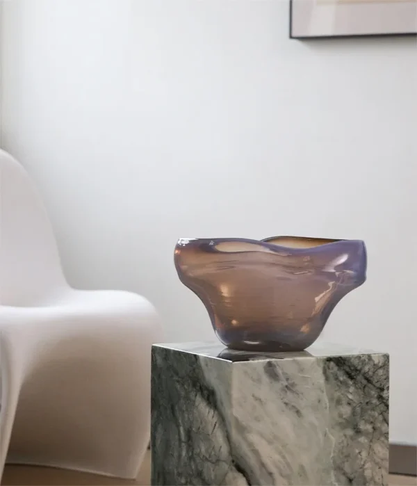 Hand-Blown Lilac Free-Form Wide Glass Bowl Vase in plum — in a room setting