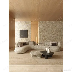 Cashew Curved Sofa in Beige Cotton Linen with Wide Seats — in a room setting