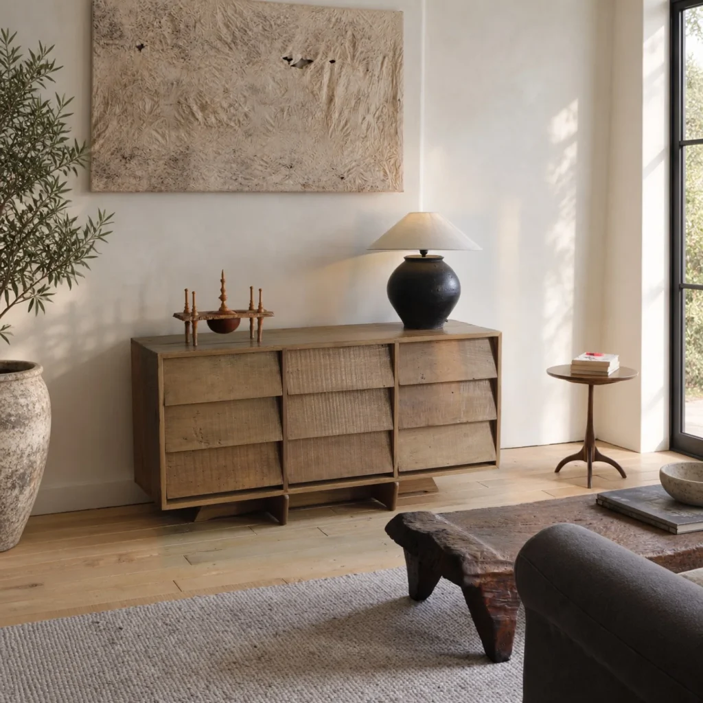 Distressed Wood Nine-Drawer Chest with Three Tiers in natural oak — front view