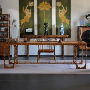 Long Bamboo Tea Table with Bamboo Armchairs in clay — front view